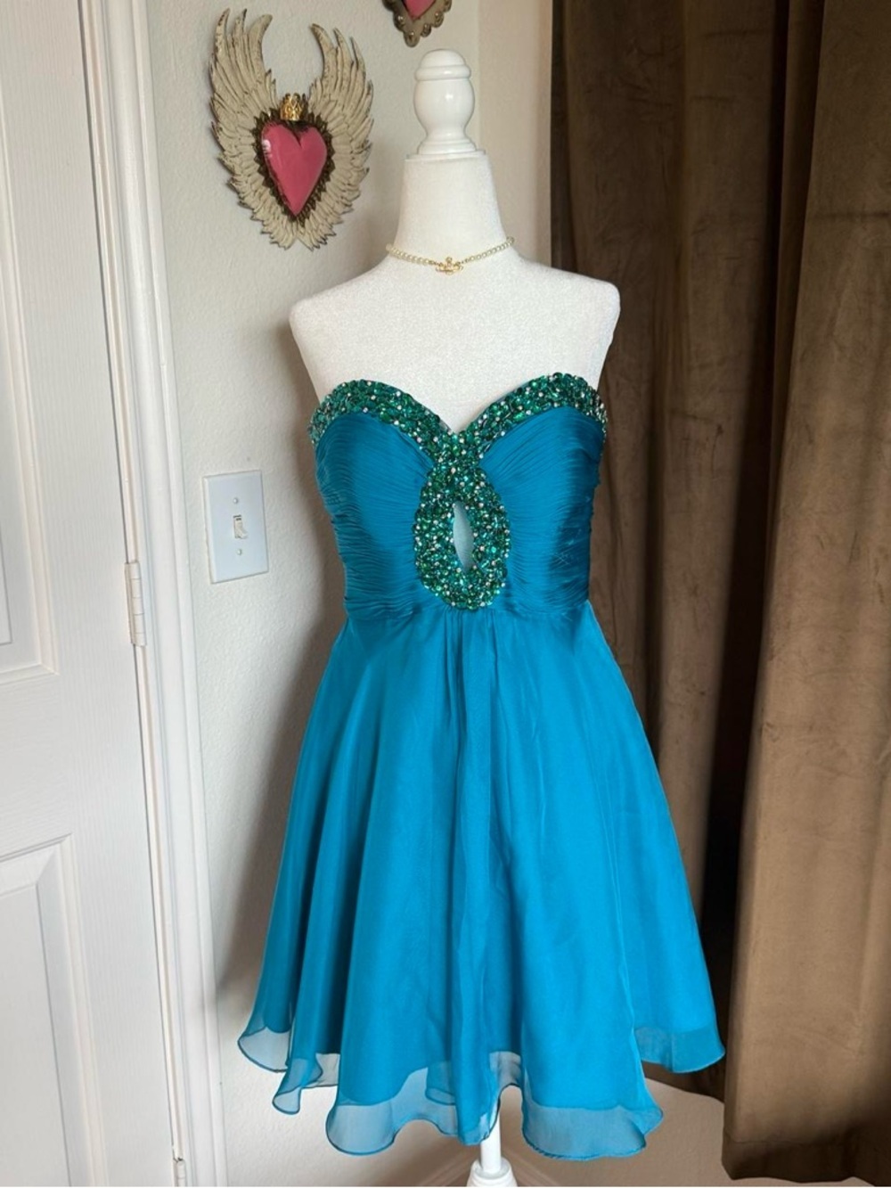 Sherri Hill Teal Beaded Strapless Mini Dress